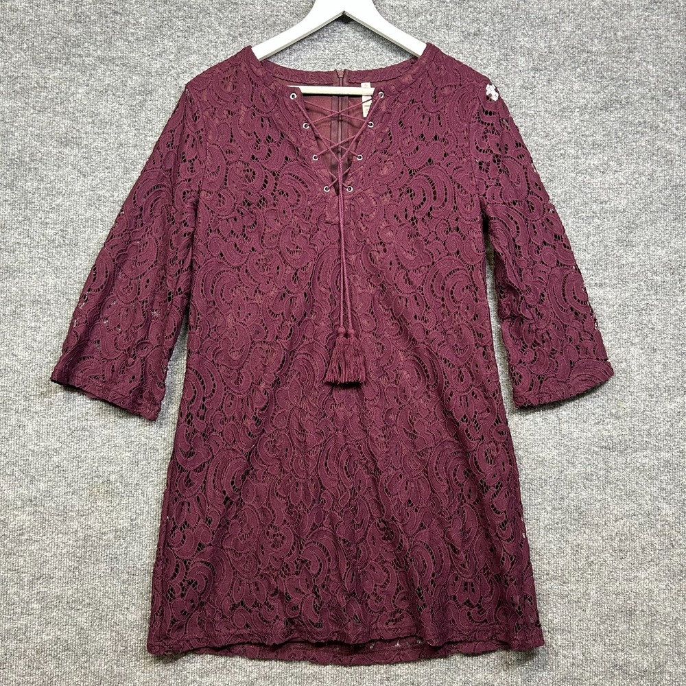 Xhilaration Floral Lace Tunic Dress Women's Burgundy Tassel Boho Casual - Medium